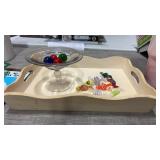 Wooden serving tray with glass dish and glass
