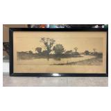 Framed  1893 country farmhouse landscape etching