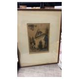 Framed etching of a house approximately. 16
