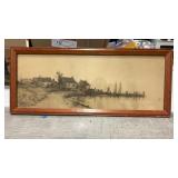 Framed  etching of a sea side house approximately