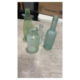 4 Vintage Glass Apothecary Bottles, Green & Clear
