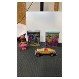 Neuron package, Crayola, crayons, toy car, and