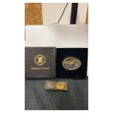Golden NRA eagles belt buckle in original box and