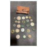 23 Foreign Coins w/ Vintage Coin Purse, Canada,