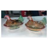 2 small multi colored nesting hen dishes