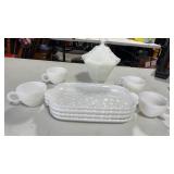 Vintage Milk Glass Serving Trays, Vase & Cups