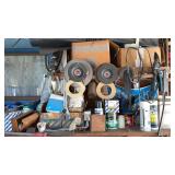 2 shelves of miscellaneous car, parts, tools, and