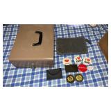 Metal box with key , pin backs and more