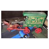 Cast-iron toy horse drawn wagon with rider, US