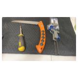 Hand saw, NIP micro bar clamp  AND SCREWDRIVER