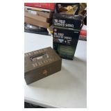 Trifold serrated shovel and metal box with key