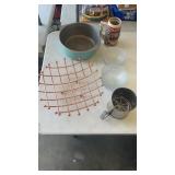 Misc group of kitchen items.  Bowls, sifter,