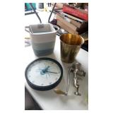 Group of brass garbage pail , meat grinder and