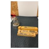 3 wooden train whistles and mini lantern