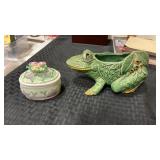 McCoy green flower pot and lidded trinket dish