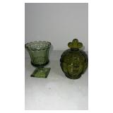 Olive Green Indians glass dew drop pattern lidded