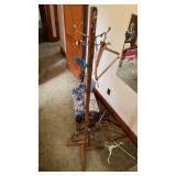 Coat rack aprox. 66" tall, wind chime, hangers, &