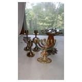 Group of brass candle stick holders and more