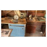Wooden desk and cabinet with contents hub caps
