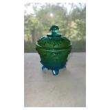 Jeanette glass footed, covered candy, dish, blue,