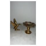 Brass duck figurine and brass pedestal dish