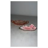 Ceramic pink dish and pink depression glass dish