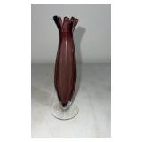 Lefton purple 3 finger swung glass vase  7.5"