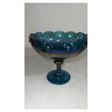 Blue carnival glass, pedestal bowl, teardrop