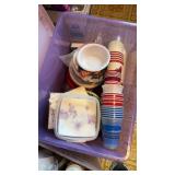 Tote of plastic cups , bowls, & more