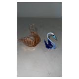 Pink glass swan dish and hand blown swan figure