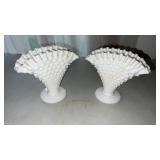 2 vintage Fenton Hobnail white milk glass fan