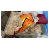Small tote with lid and miscellaneous doilies and