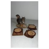 Homco squirrel figurine and wooden coasters