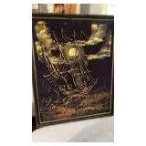Vintage acrylic, or melamine artwork of a ship