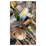 Group of misc items, wood couch legs, tools, and