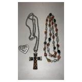 Silvertone cross necklace, silvertone heart pin