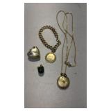 Gold tone bracelet , Heart and Apple pendants and