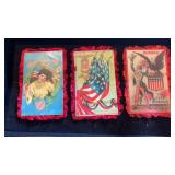 3  vintage patriotic cards with red fringe