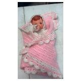 Vintage, handmade, pink, white crochet, blanket,