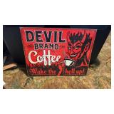 Metal sign advertisement for devil brand coffee,
