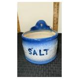 Vintage stoneware salt box crock  with chips  and