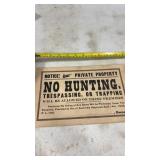 Vintage No Hunting Trespassing or Trapping Sign,