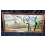 Framed heading south ducks, original oil painting