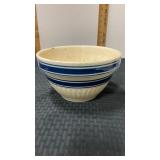 Stoneware crock bowl ribbed with blue bands  8 x