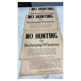 5 Vintage No Hunting Heavy Paper signs. approx