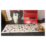 Political Pins, Railroad watch, Bib Dylan album