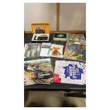 Railroad calendars, camera, Christmas items, &