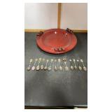 Red Plater approx 15ï¿½ & 13 Souvenir Spoons