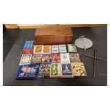 Wooden box, playing cards, Cross, & more