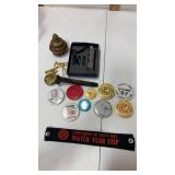 Railroad pinback buttons , railroad spike ,